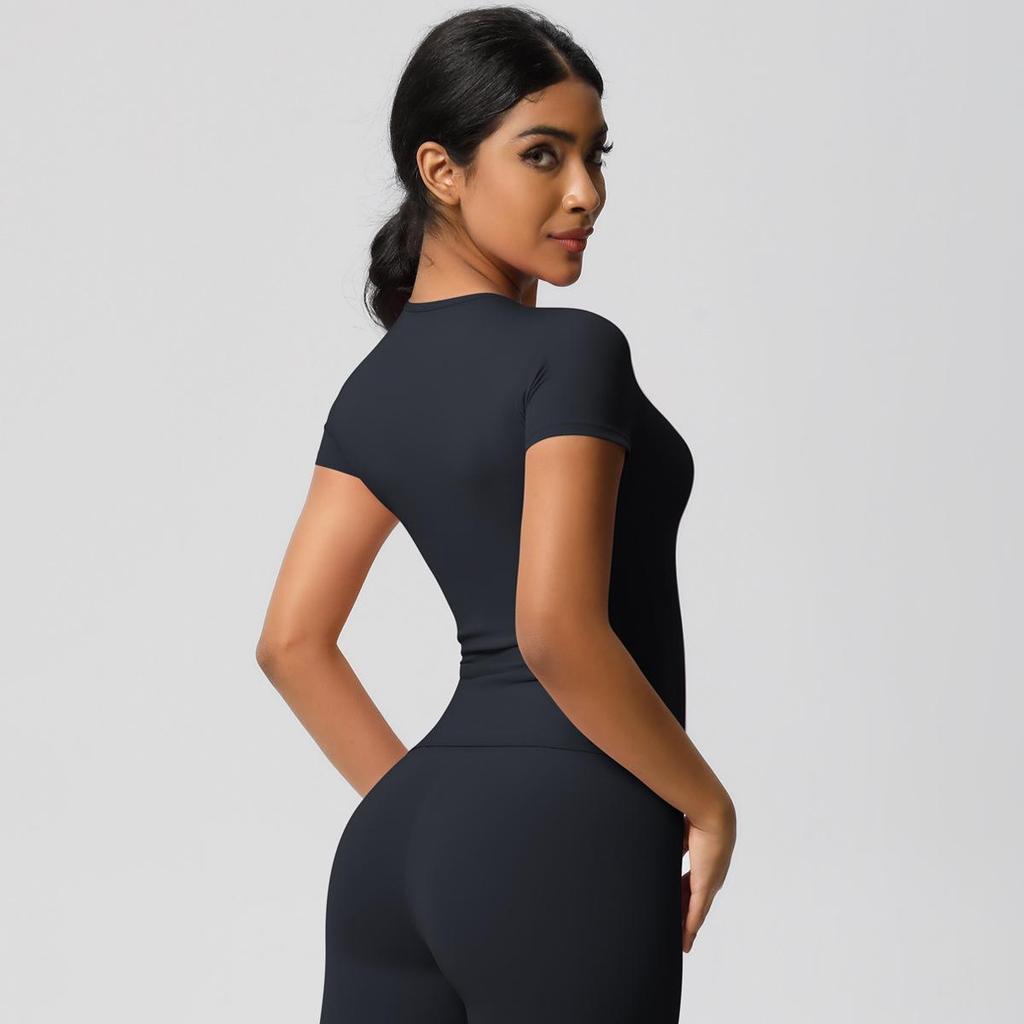 Gebürstetes Nude Slim-Fit Rundhals Yoga-Top - Kurzärmlig, Atmungsaktiv, Vielseitige Sportbekleidung