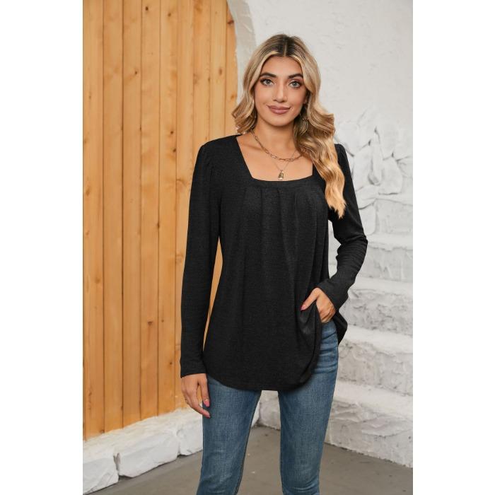 

Весенне-осенняя женская блузка, плиссированный однотонный топ с квадратным вырезом и длинными рукавами XXL чёрный