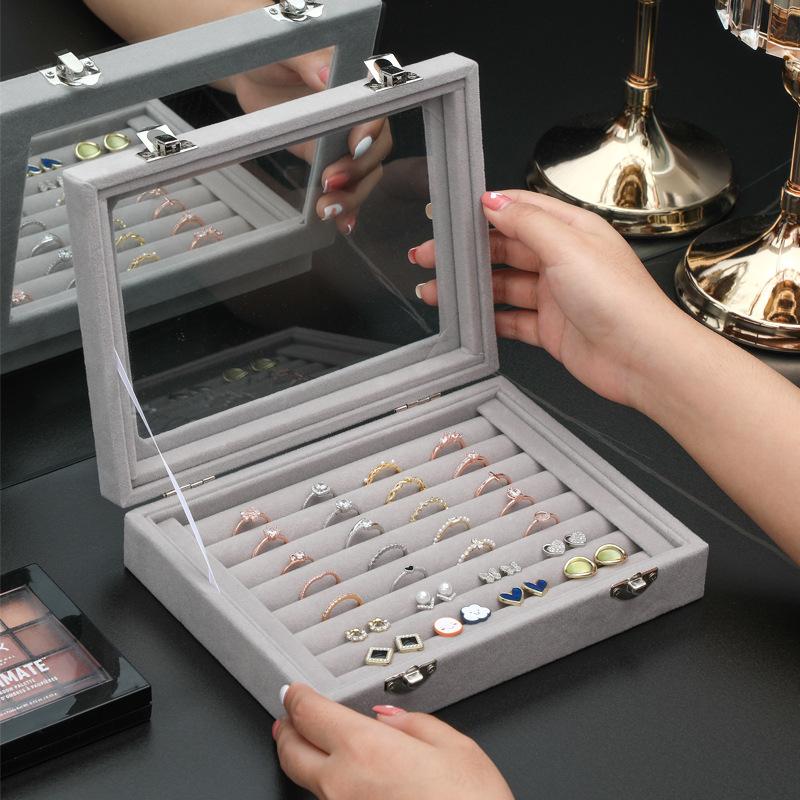 Ring Organizer Tray 7 Slots Velvet Jewelry Earring Storage Box with Clear Lid Jewelry Display Case for Girls Wife Mom Women