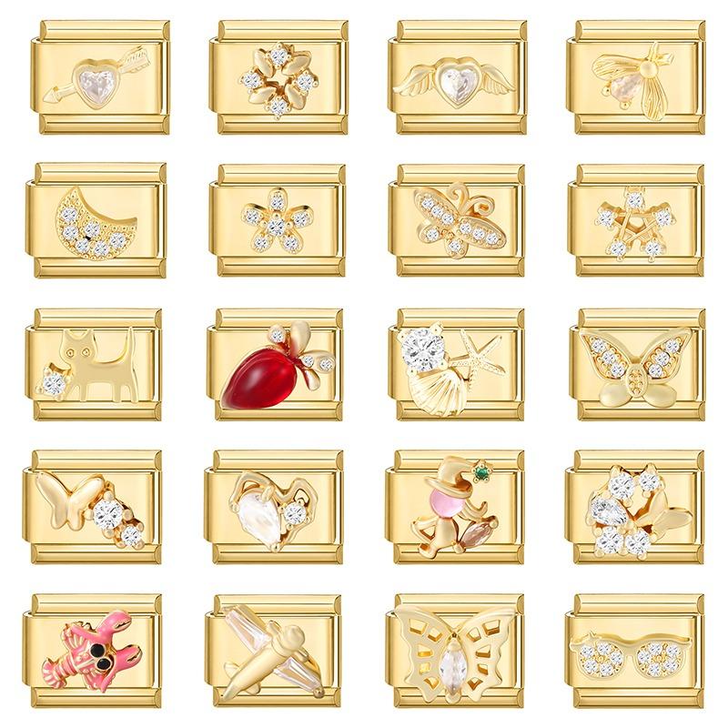 Gold Color Zircon Butterfly Moon Star Heart Italian Charm Link Fit 9mm Stainless Steel Bracelet Women Men DIY Making Gifts