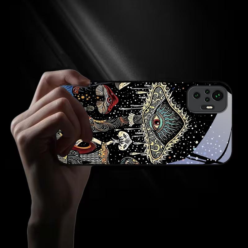 Mystic Evil Eye Mushroom Black Glass Phone Case For Redmi Note 13 Pro+ 14 Pro 8 9 9S 12S 10 Pro 11 12 A3 12 13 K60Ultra 14 Cover