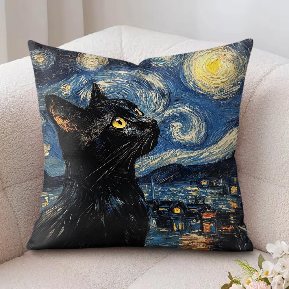 Van Gogh Starry Night Cat Cushion Cover Silky Short Plush Invisible Zipper Dustproof Sofa Pillow Case For Home Decor