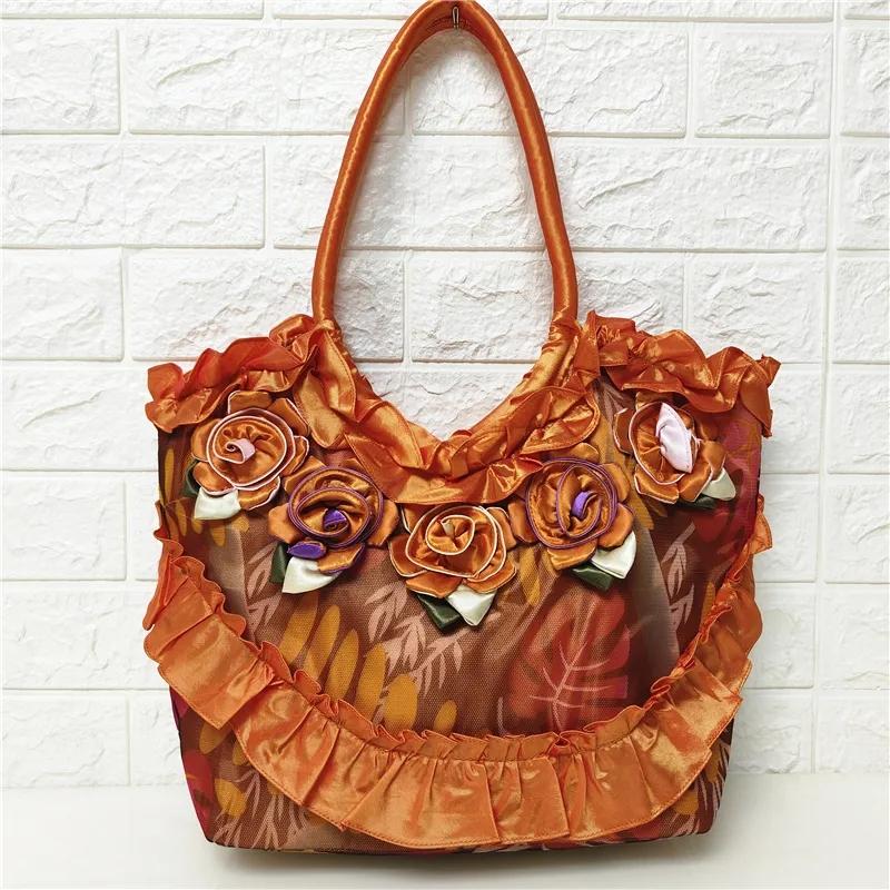 WTEMPO Duża pojemność pojedyncze torby na ramię damskie ręcznie robione torebki kwiatowe torby etniczne Hanfu torby z jedwabiu