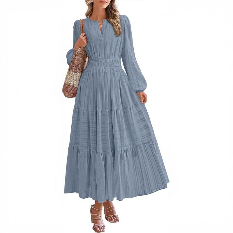 Abito da donna a maniche lunghe con scollo a V, pieghettato e a maniche a sbuffo