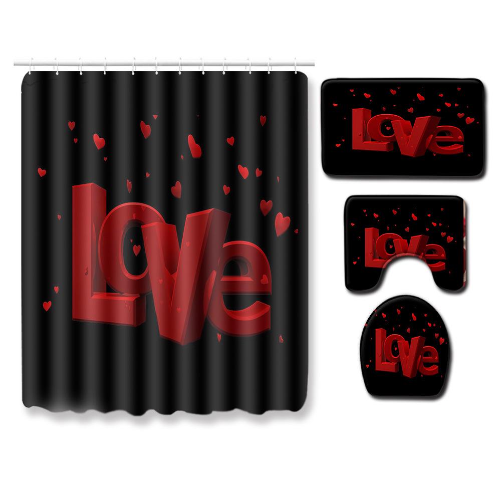Valentine'S Day Toilet Shower Curtain Four-Piece Printed Floor Mat Set Bathroom Floor Mat Bedroom Absorbent Door Mat Carpet