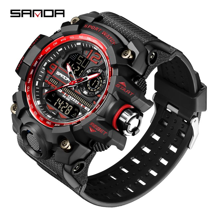 SANDA 3133 Men Quartz Watch Dual Display Multifunction Wristwatches Luminous Sport Waterproof Military Wristwatch for Male