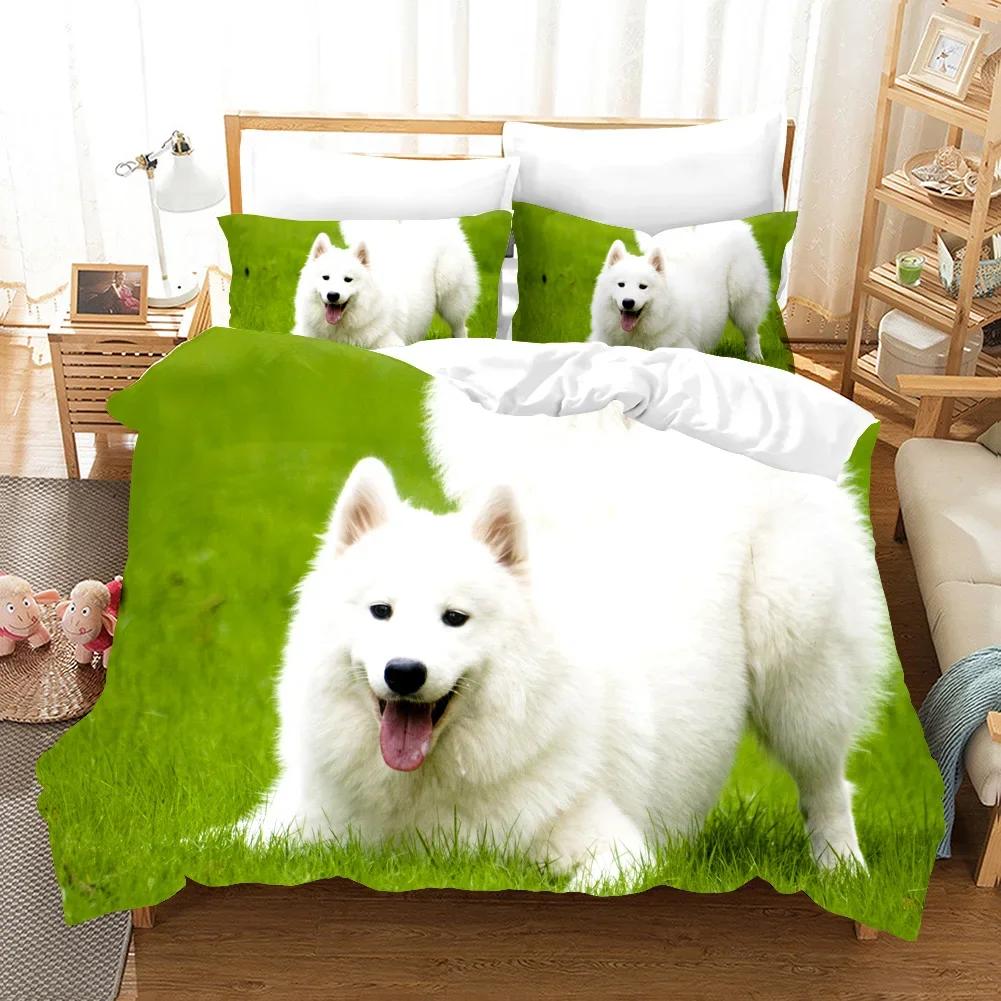 Samojedhund Påslakan King Queen Size Härligt Leende Husdjur Valp Sängkläder Set Vuxna Kvinnor Söt Vit Djur Polyester Täcke