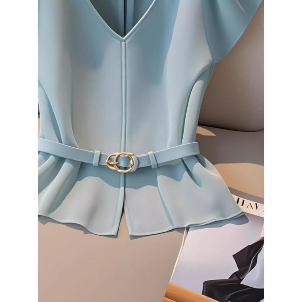 French High-end Small Fragrance Style Chic and Fashionable Blue V-neck Shirt Light Mature Style Famous Lady Waist Shirt Women