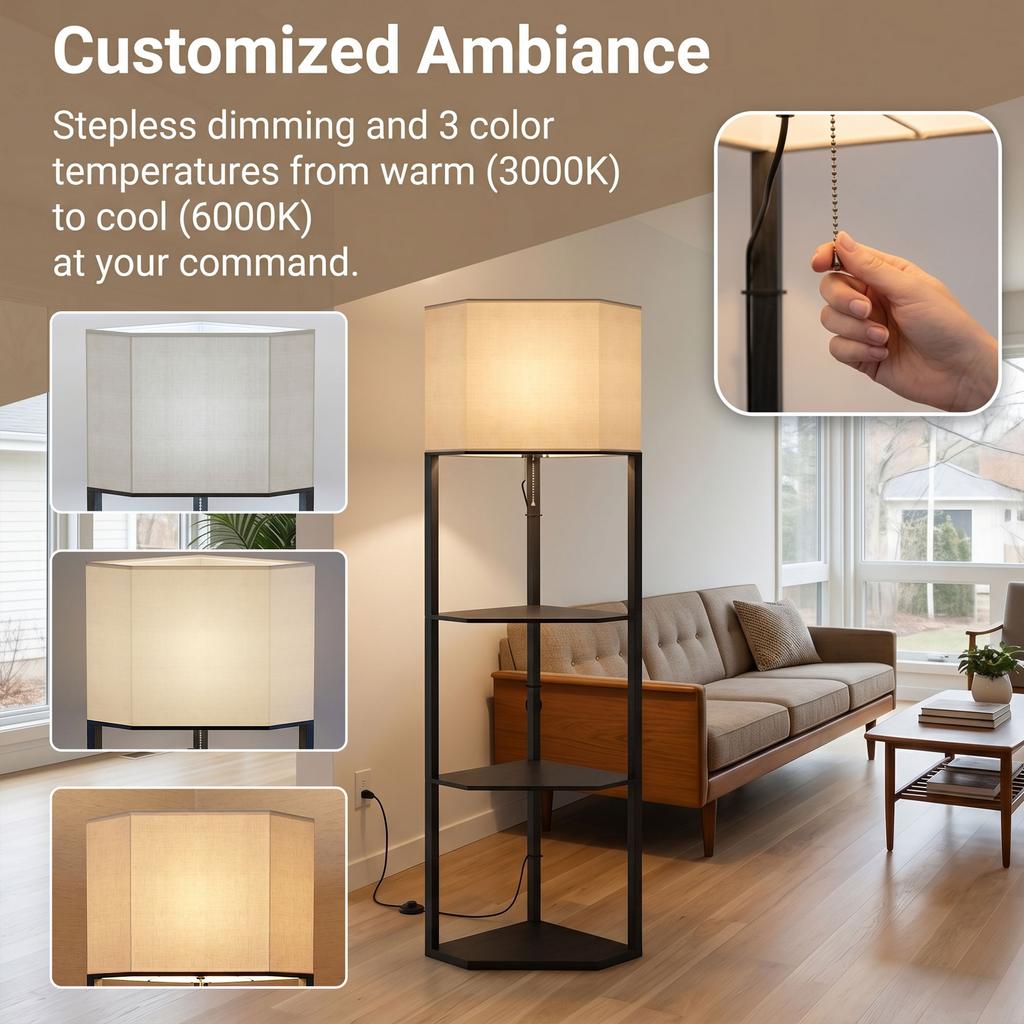 Corner Floor Lamp with Shelves and Lights, Modern Dimmable Standing Lamp with 3000K/4000K/6000K Colour Temperature