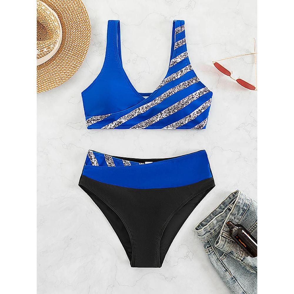 Bikini set s V výstřihem 2026 Dámský pruhovaný patchworkový plavecký úbor Letní plážové oblečení Plavky Ženské plavky Koupací plavky 3XL