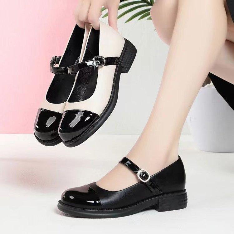 French Mary Jane small leather shoes autumn new low heel one-word buckle with round head college style shoes