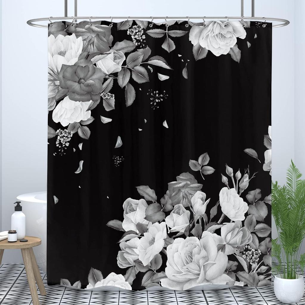 Black Floral Shower Curtain White Grey Blossom Rose Unique Modern Waterproof Fabric Home Bathtub Decorative Shower Curtain