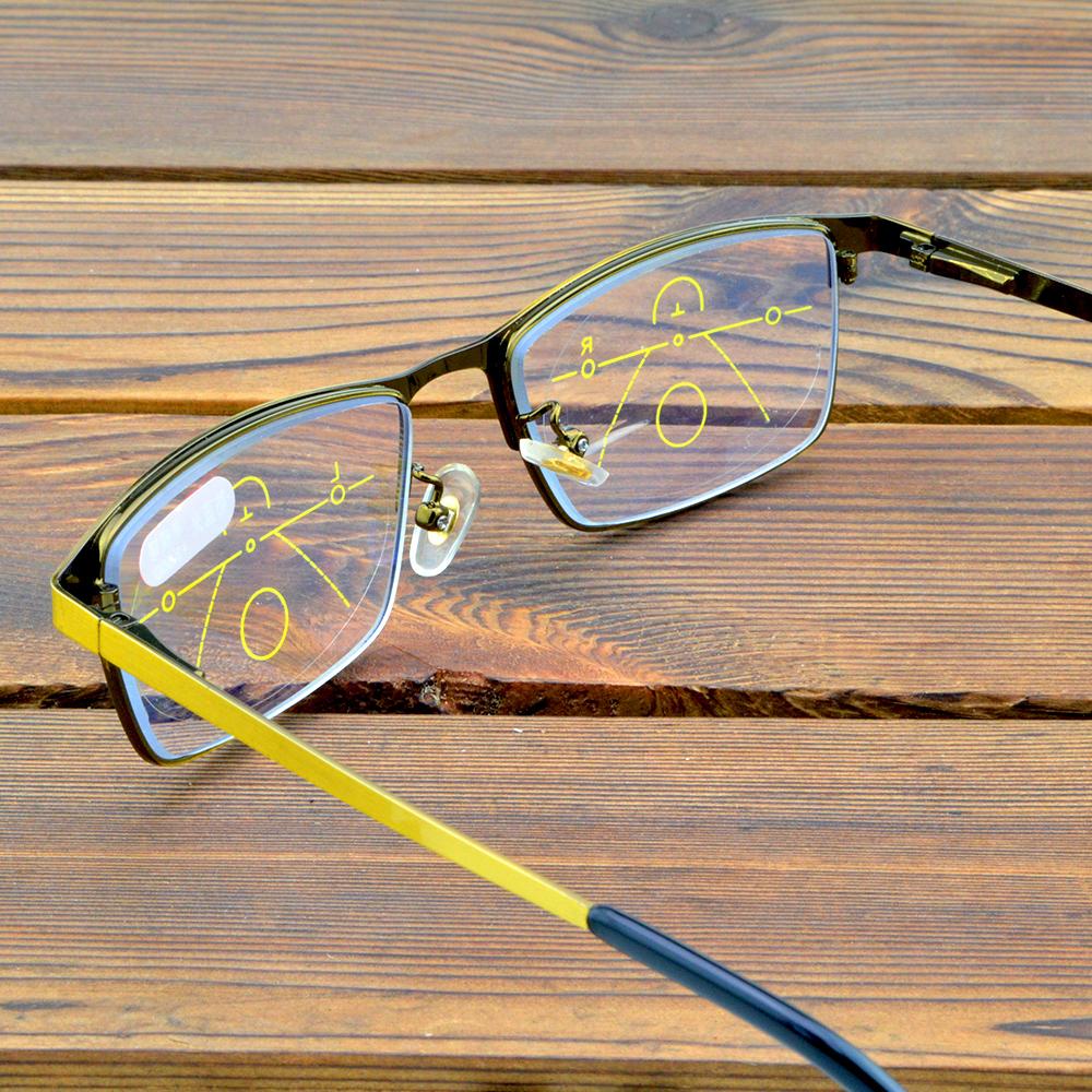 Vollrandige Bronzerahmen-Komfort-Rechteckbrille. Sehen Sie in der Nähe und in der Ferne. Progressive Multifokus-Lesebrille +0,75 bis +4