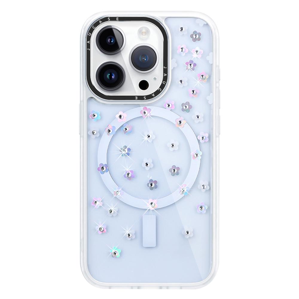 

JAUCASE For iPhone 15 Pro Max Rhinestone Decor Flower PC+TPU Cell Phone Cover Compatible with MagSafe C
