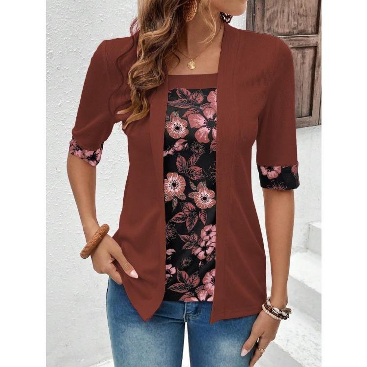 Dámské tričko s vintage potiskem Falešný dvoudílný top Letní podzimní s tříčtvrtečním rukávem