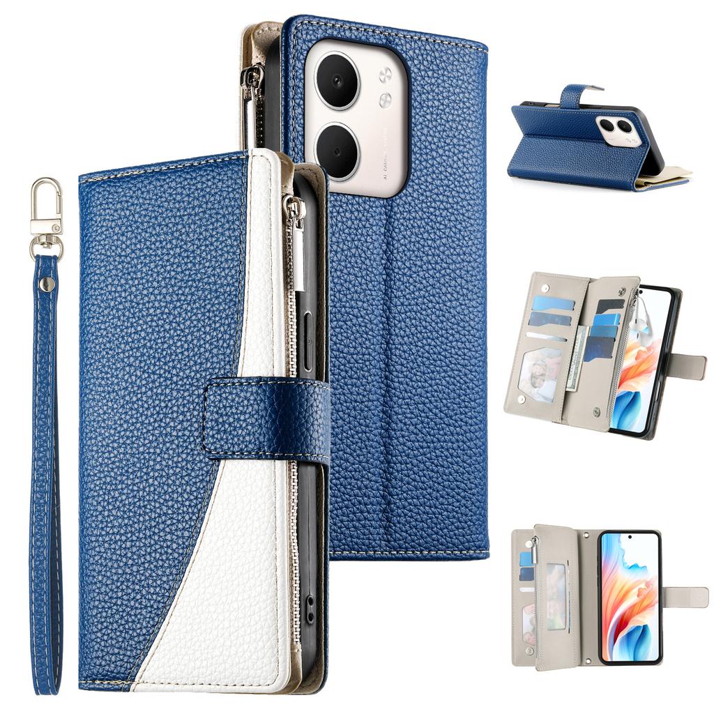 For Oppo A5x 5G/4G Case Zipper Wallet Color Splicing Leather Flip Phone Cover with Straps