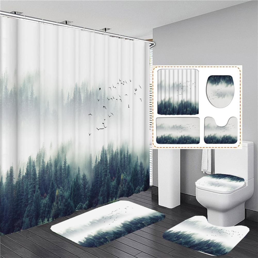 The Fog Of The Forest Landscape Shower Curtain Bathroom Accessories Partition Waterproof Polyester Bath Curtain Rugs And Mat Set