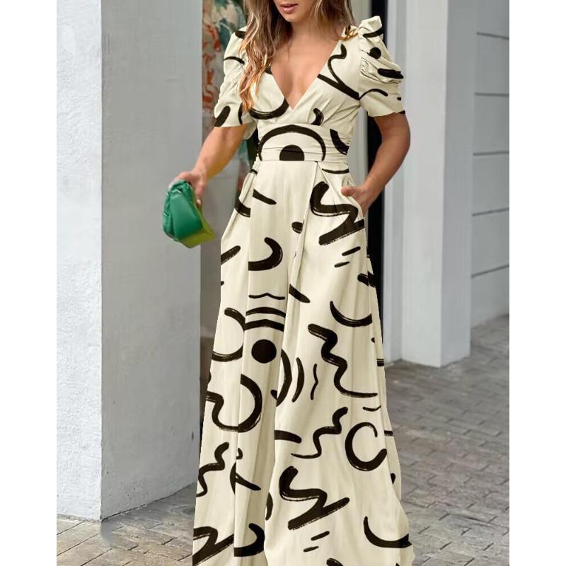 Women's Printed V-Neck Waist Short Sleeve Dress