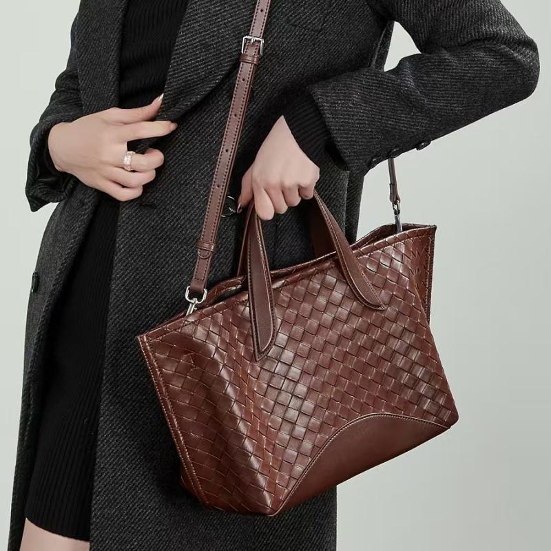 Genuine Leather Handwoven Double-Sided Leather Tote Bag Women's Street Style Trendy Basket Handbag Large Size Crossbody Bag