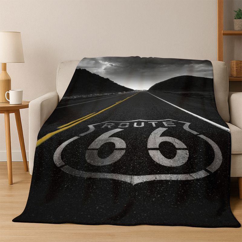 Retro Route66 America Mother Road Sign Flannel Blanket Soft Warm Throw Blanket for Bedroom Living Room Bed Travel Camping Picnic
