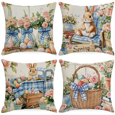 Easter Spring Flowers Truck Bunny Line Print Outdoor Sofa Bedroom Decorative Cushion Cover