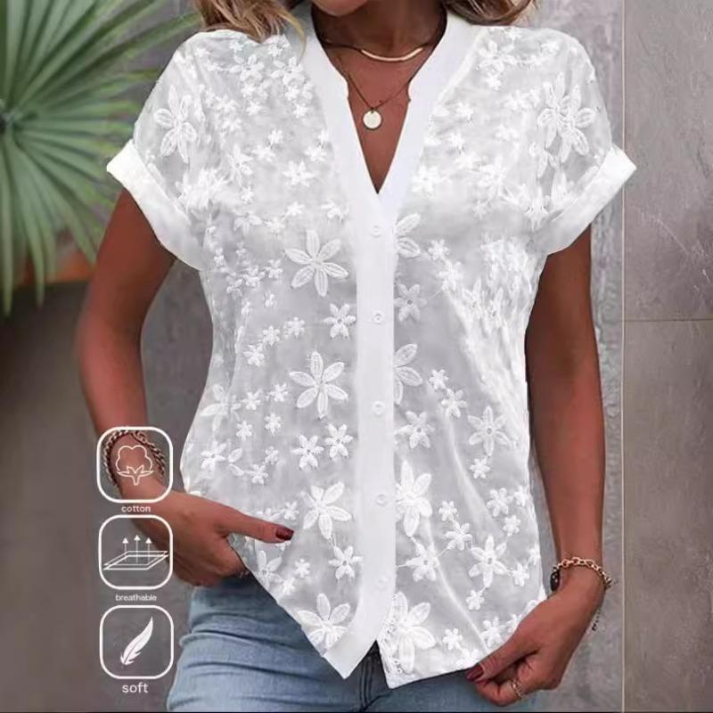 

Летняя простая повседневная рубашка с V-образным вырезом для женщин, однотонная, модная, элегантная, свободная блузка, цветочная, милая, с коротким рукавом, офисная, уличная одежда, топы S