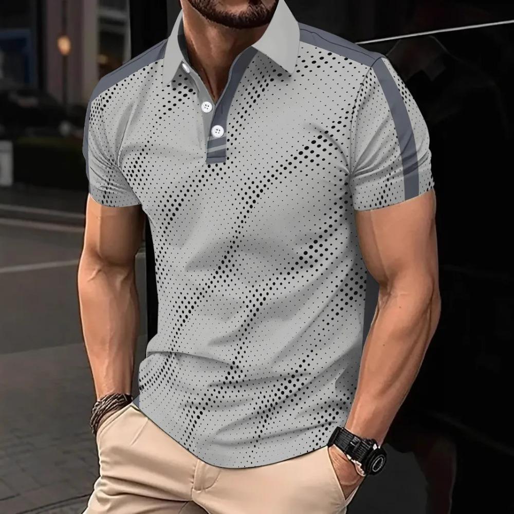 

European and American Cross-border Fashion Men s Short-sleeved Buttoned Digital Printed Pattern Polo Shirt Casual and Comfortable Summer 3XL світло-сірого кольору