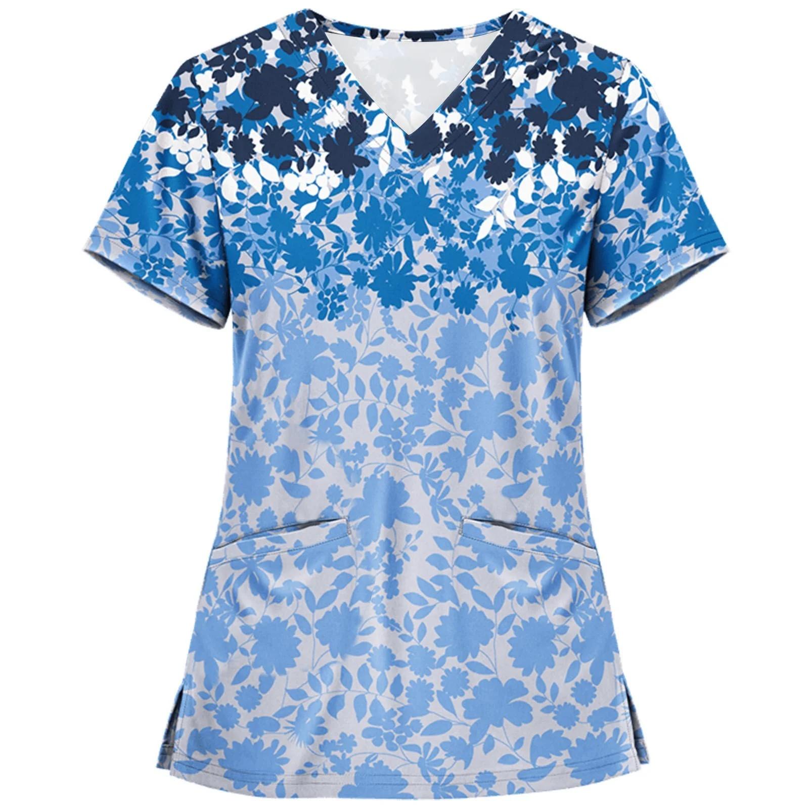 

Medical Uniform V-Neck T-Shirts Working Hospital Halloween Short Sleeves Surgical Print Nurse Medical Scrub Print Tops Women Blo 5XL