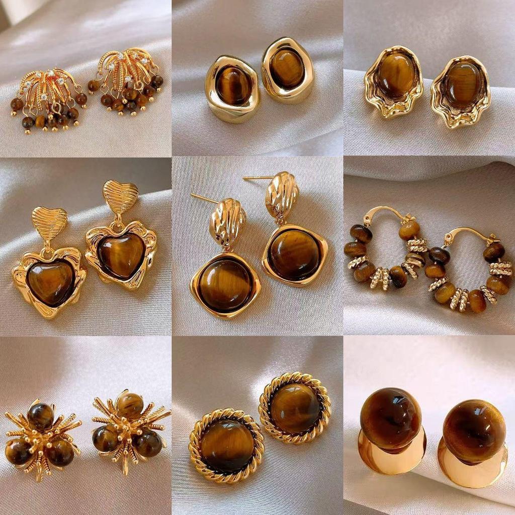 Silver Needle Tiger Eye Round Geometric Pendant Earrings - Retro Millard Style Studs with Unique Niche Design