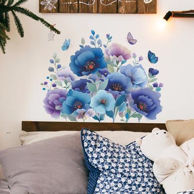 Stickers Muraux Décoration et Embellissement de Chambre à Coucher Fleurs et Papillons Peints en Bleu et Violet