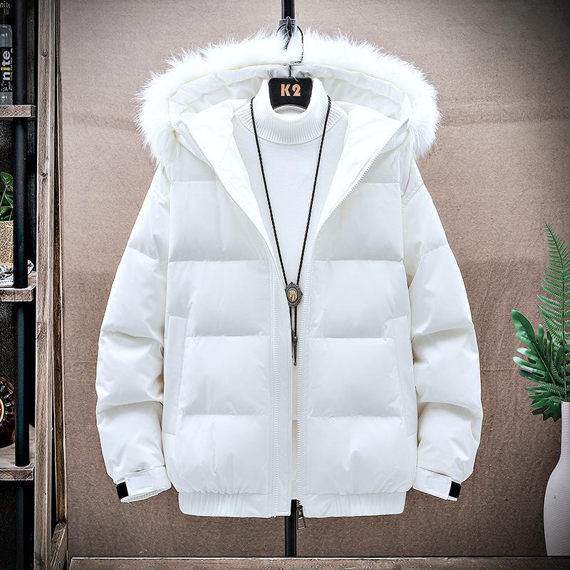 

White zipper casual thickened men s handsome fur collar solid color winter warm youth down jacket M білий