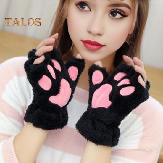 1 Pair Women Winter Gloves Half-finger Cat Paw Shape Thick Plush Elastic Warm Heat Retention Non-slip Windproof Wrist Protection Cycling Riding