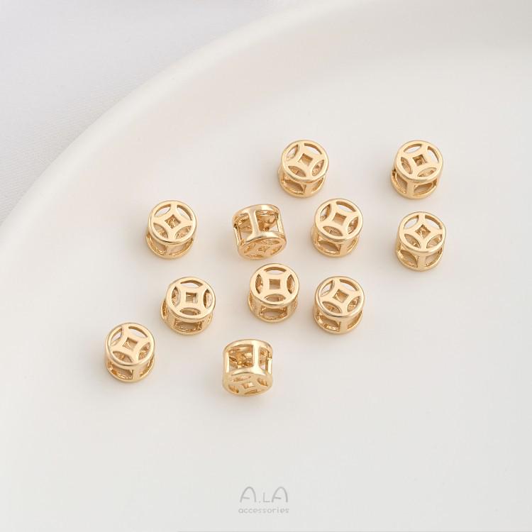 Copper-Plated 14K Gold Color-Preserving Hollow Coin Bead Bracelet with Large Hole Spacer Beads On Woven Leather Cord - DIY Beading Accessories.