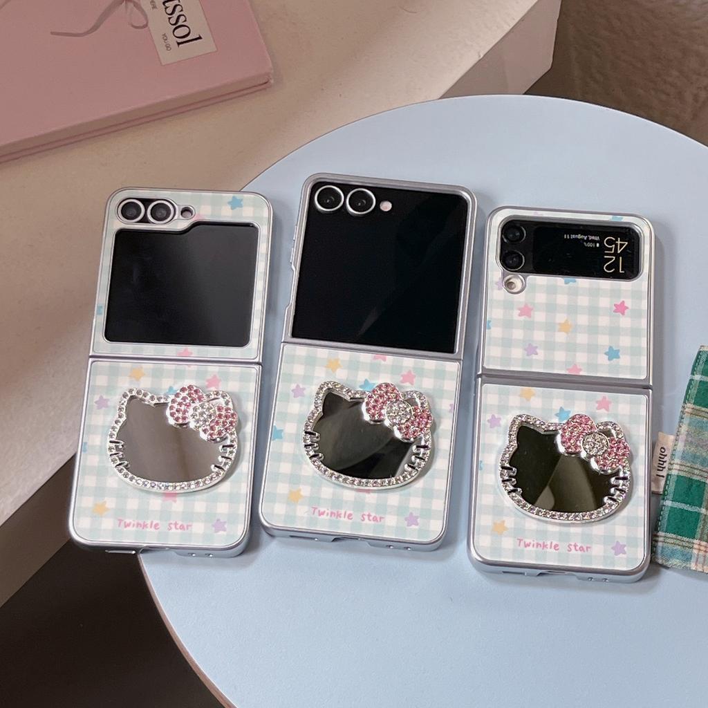 Cute Kawaii Hello Kitty Phone Case with Rhinestone Mirror Beaded Lanyard For Samsung Galaxy Z Flip 7 6 5 4 3 Plaid Star Foldabl
