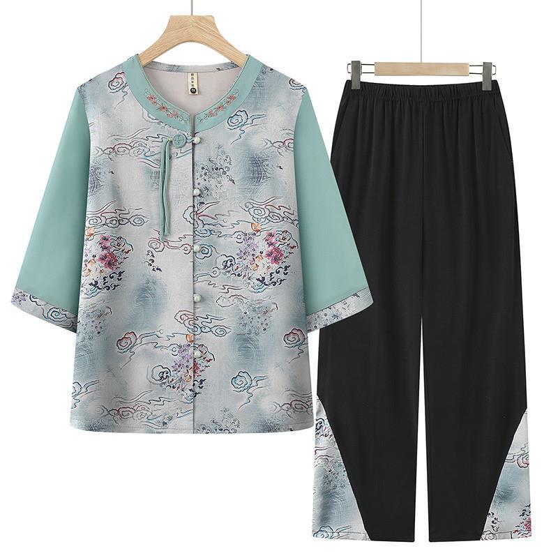 

Grandma s Summer Floral Casual Two-Piece Suit for Middle-Aged and Elderly Women 5XL (145-160 jin)