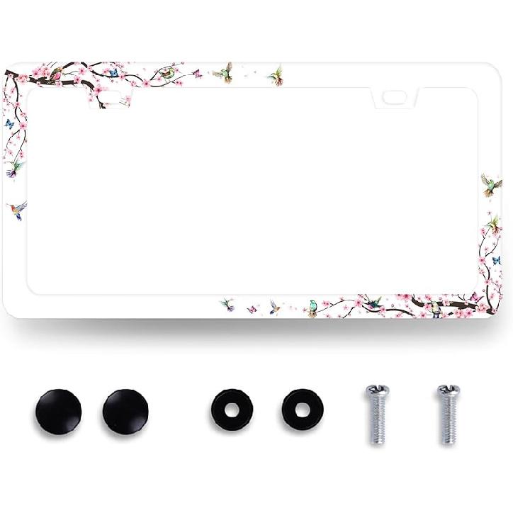 Hummingbird License Plate Frame Cherry Blossom Pink Flower License Plate Holder Colorful License Plate For Car Decoration Stainless Steel Bird Car