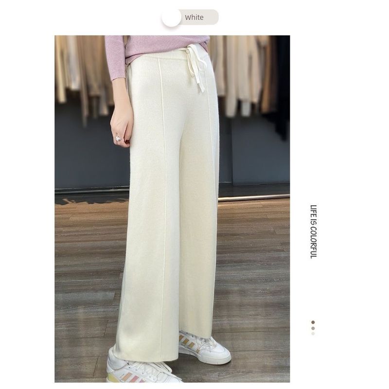 

Fall and Winter 100% Pure Wool Four-Flat Thickened Medium Stitching High Waist Wide Leg Mop Cashmere Pants Knitted Leggings Dyml Creamy White S