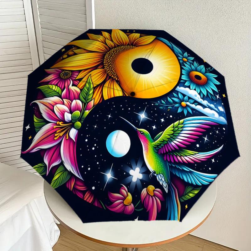 1pc Yin Yang Harmony Flowers Hummingbird Umbrella with Plastic Handle,Suitable for All Seasons Home Travel Outdoor UmbrellaDD1105
