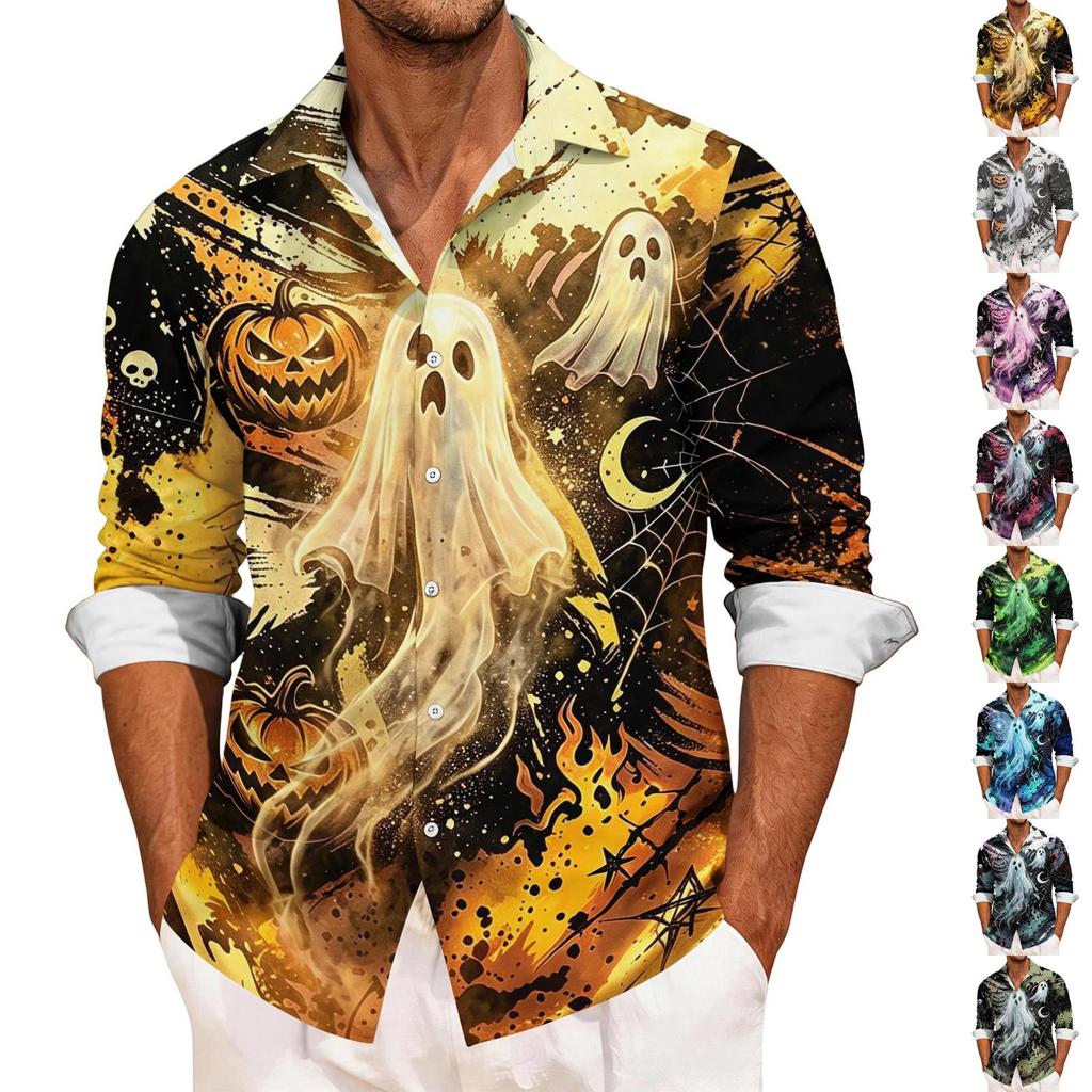 Men's Halloween Long Sleeve Button Down Shirt with Collar Casual for Holiday Parties