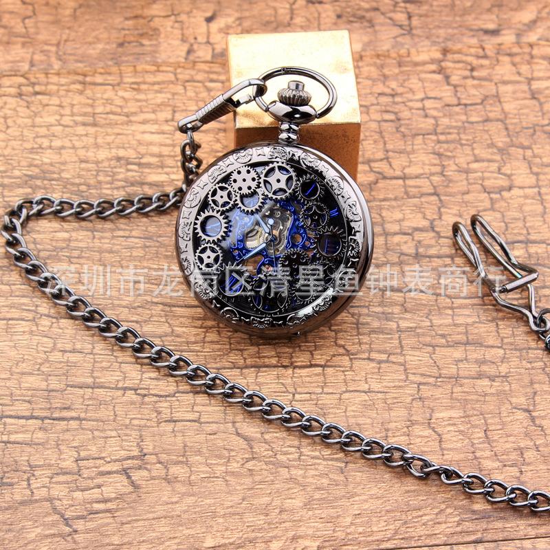 Relógio de Bolso Mecânico Preto Engrenagem Retro Flip Cavado Colar Relógios Masculinos e Femininos Relógios Clássicos