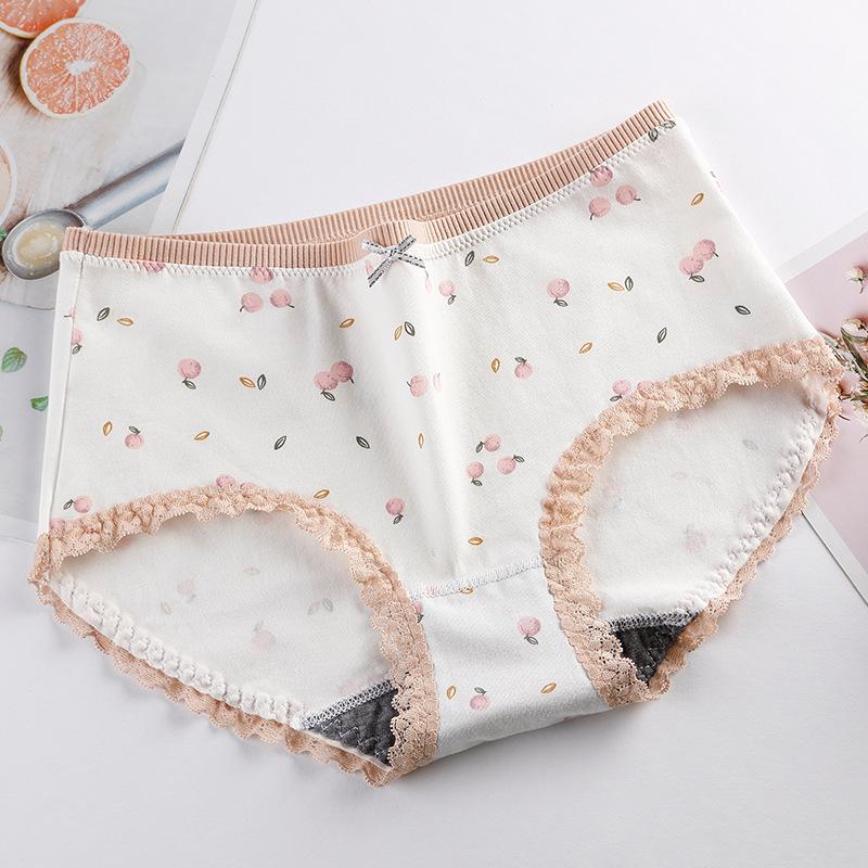 Bawełniana damska oddychająca bielizna antybakteryjna z nadrukiem Śliczna bielizna ze średnim stanem Koronkowa krawędź Bezśladowe trójkątne spodnie z czystej bawełny