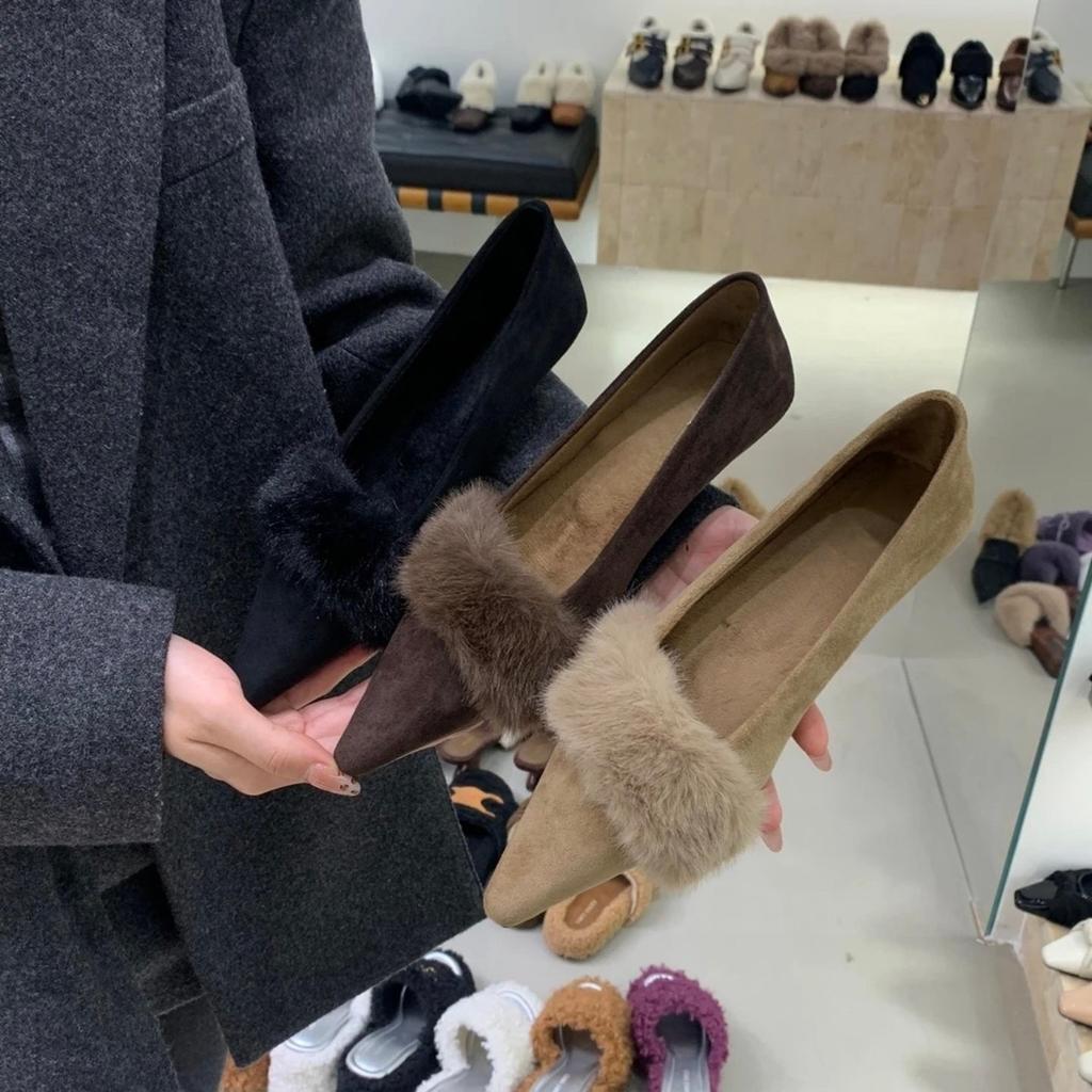 Korean Version of Light Luxury Small Fragrant Wind Piled Light Mouth Fluffy Single Shoes Autumn and Winter Celebrity Style Suede Temperament Elegant