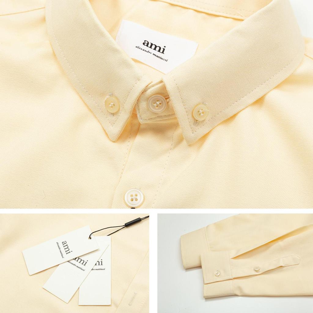 AMI Classico Primavera e Autunno Camicia Casual in Cotone Tinta Unita a Maniche Lunghe con Ricamo Cuore Rosso sul Petto