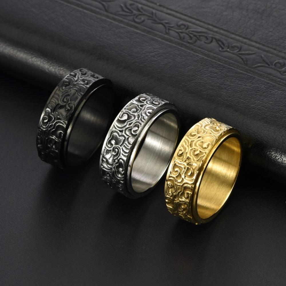 Vintage Cloud Pattern Rotating Stainless Steel Ring for Men Chinese Style Adjustable Ring