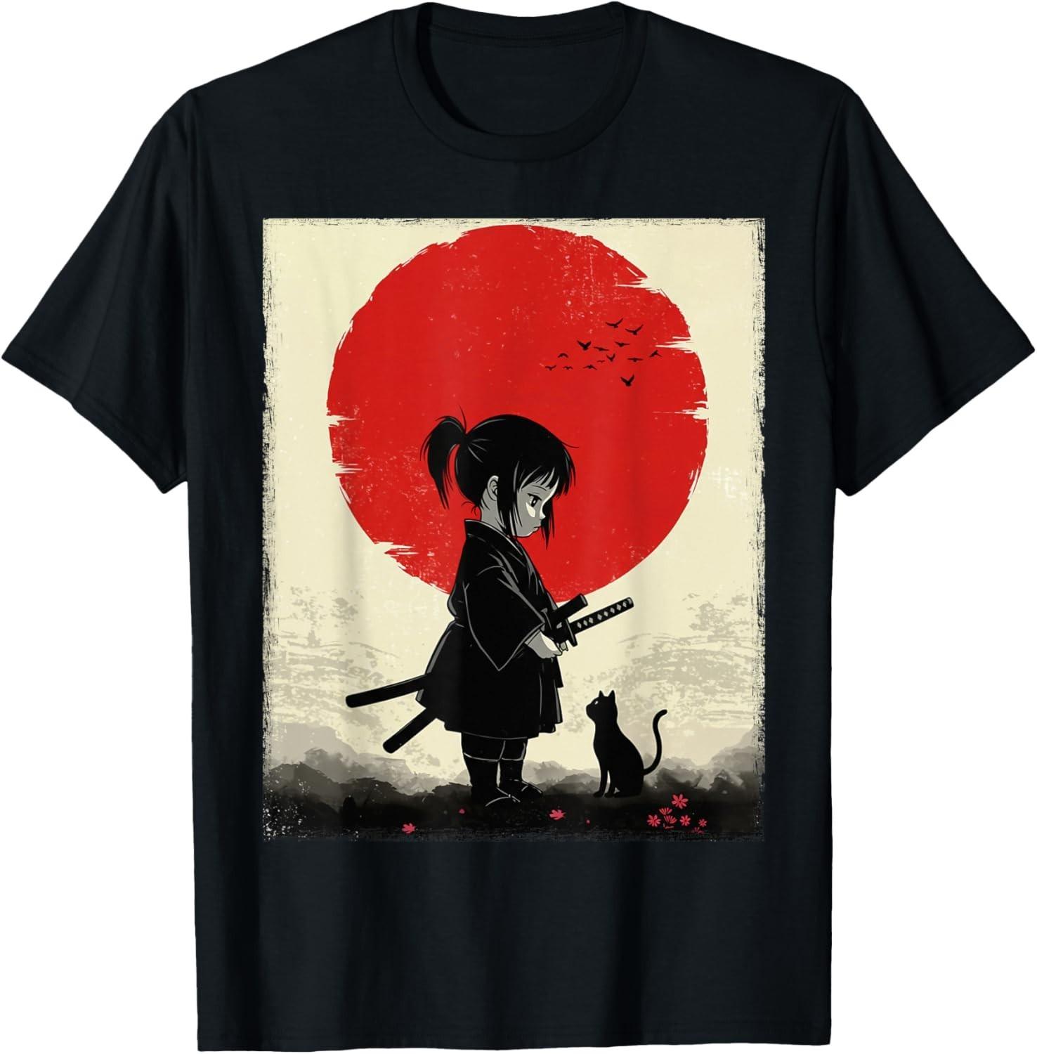 Japanese Samurai Girl Black Cat Ukiyo-e Katana Vintage T-Shirt Mens Womens Tees Top unisex T-Shirt Mens Womens Tees Top 3XL