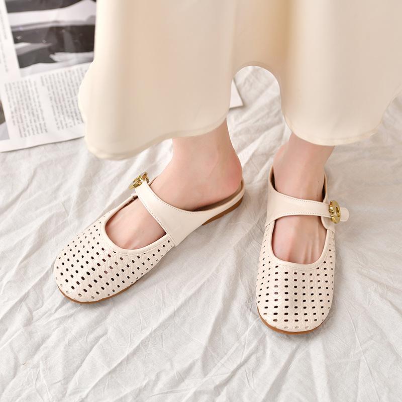 French breathable hollow bag head half slippers 2025 new women's summer wear one word with low wedge heel sandals Muller shoes