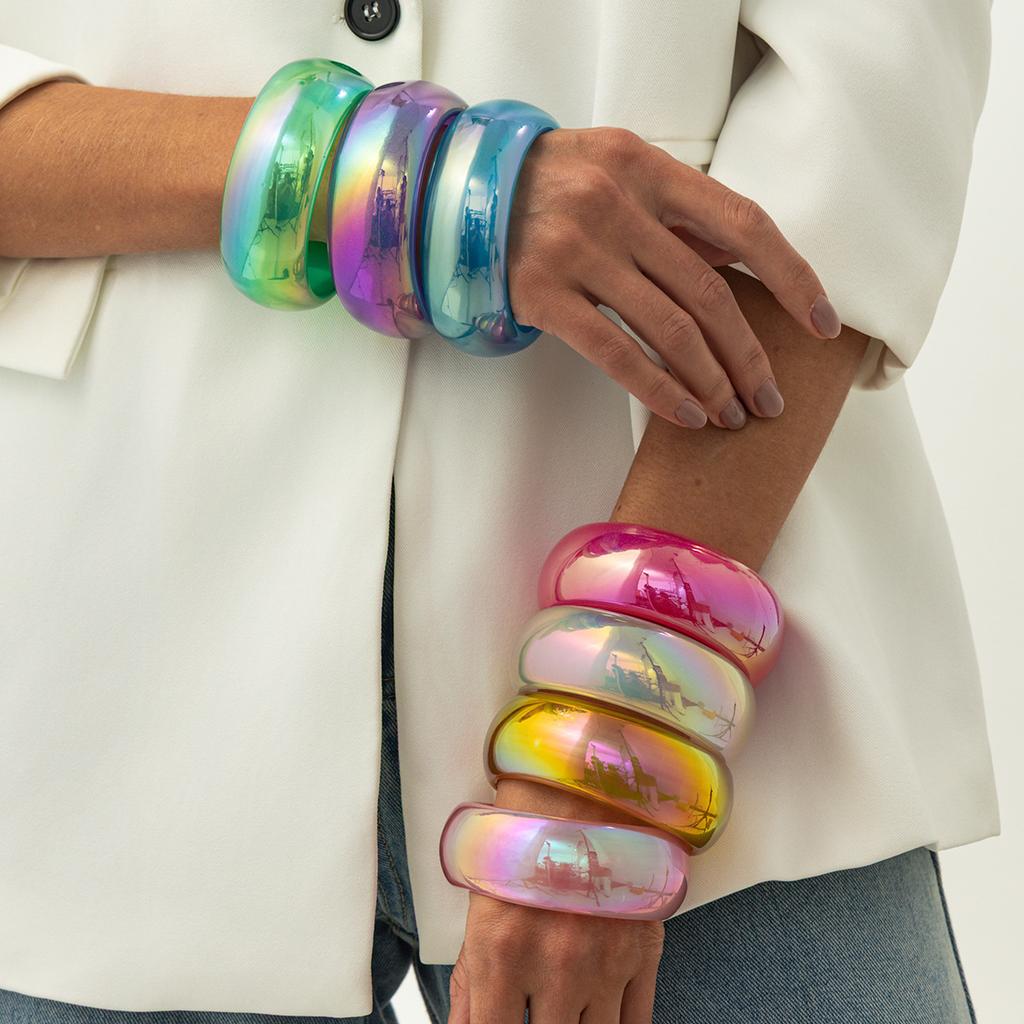 Punk Colorful Sparkling Transparent Wide Bracelet Chunky Party Geometric Arc Handmade Resin Acrylic Charm Bracelet Bangles Jewelry for Men and Women