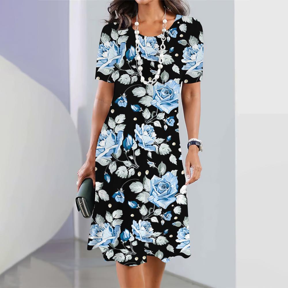 2026 Neue Mode Damen 3D Blumendruck Kleid Kurzärmelig Elegant O-Ausschnitt Kleid Streetwear Lockeres Kleid