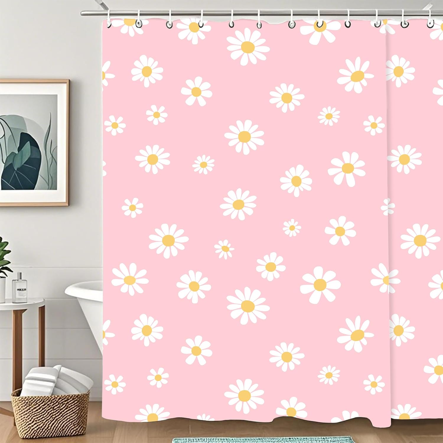 

Floral Pink Daisy Flowers Shower Curtain,Bathroom Shower Curtains Bathtub Home Decor Waterproof Fabric Machine Washable With 12 W60H190(CM)-1 Pcs