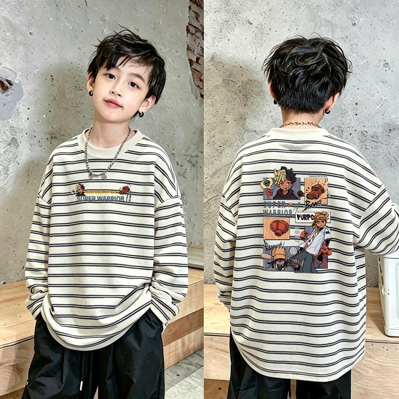Korean Boys' Cotton Striped Long Sleeve T-shirt - Casual Loose Fit for Spring & Autumn
